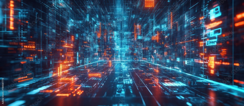 Fototapeta premium Futuristic digital highway with glowing lines and data streams.