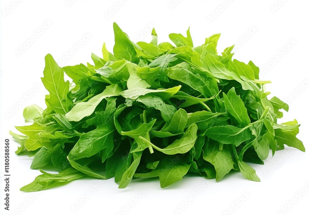 Fresh Green Arugula Leaves Piled on White Background for Healthy Cooking, Salads, Garnishes, and Culinary Presentation in Food Photography Fresh Green Arugula Leaves Piled on White Background for Healthy Cooking, Salads, Garnishes, and Culinary Presentation in Food Photography