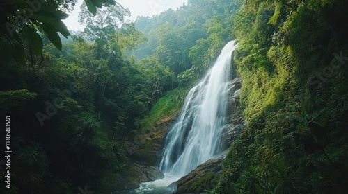 A serene waterfall cascading through lush green forest, embodying nature's tranquility.