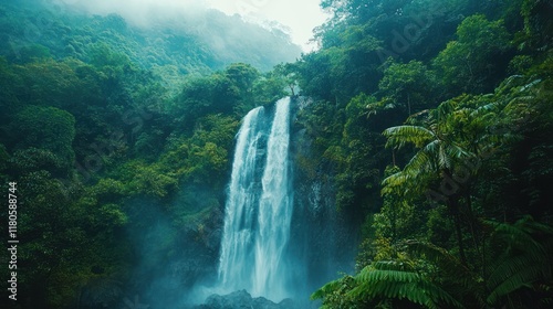 A serene waterfall cascading through lush greenery in a misty forest setting.