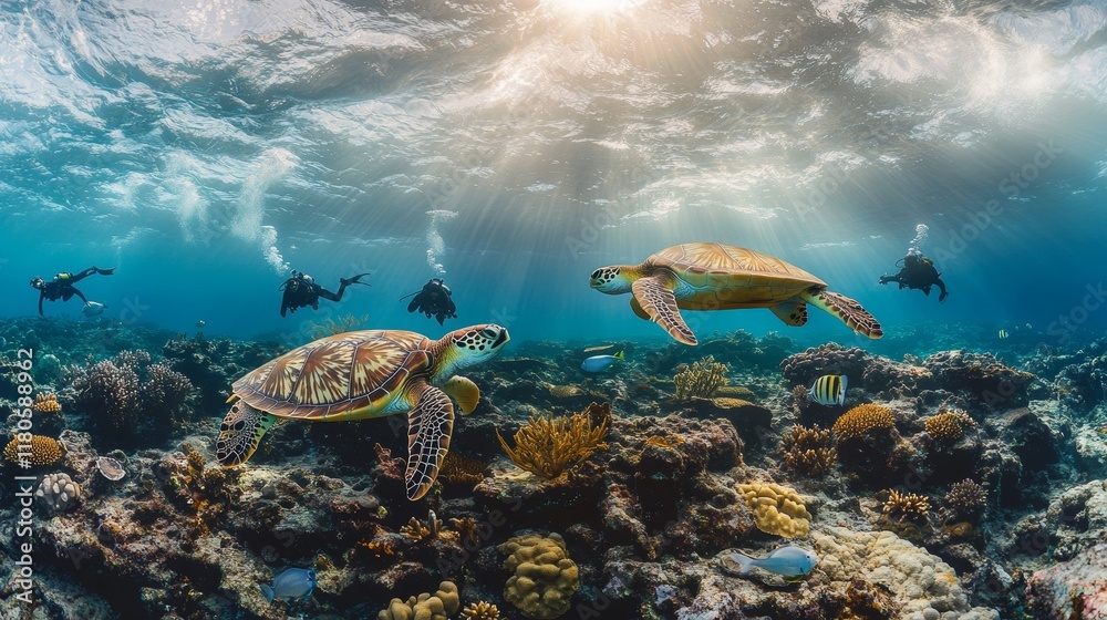 Fototapeta premium a photo under the ocean of turtles and other marine fish. coral reef in the sea with turtle