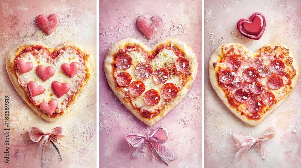 59.A charming set of three Valentine's Day cards with heart-shaped pizzas, adorned with romantic toppings like heart-shaped pepperoni slices and drizzles of white sauce. The background features 59.A charming set of three Valentine's Day cards with heart-shaped pizzas, adorned with romantic toppings like heart-shaped pepperoni slices and drizzles of white sauce. The background features