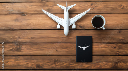 Travel restrictions policy concept, model airplane, coffee cup, and travel notebook on wooden table
