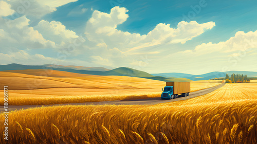 A blue truck driving through golden wheat fields, sunny day, cartoon style