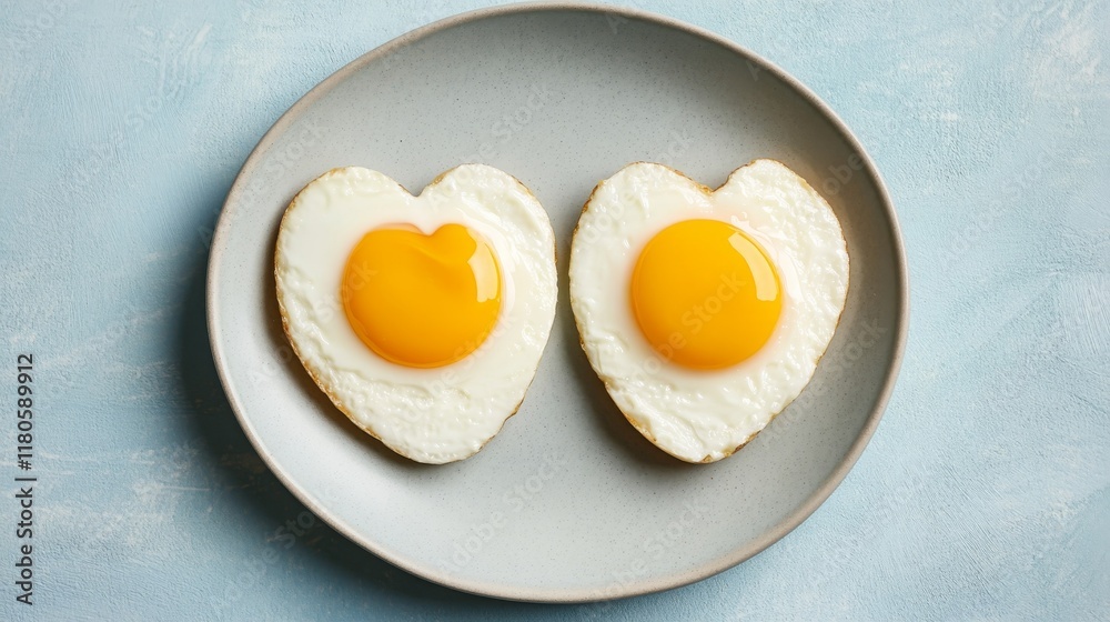 top view two sunny sides up eggs with heart shape on a plate isolated background top view two sunny sides up eggs with heart shape on a plate isolated background