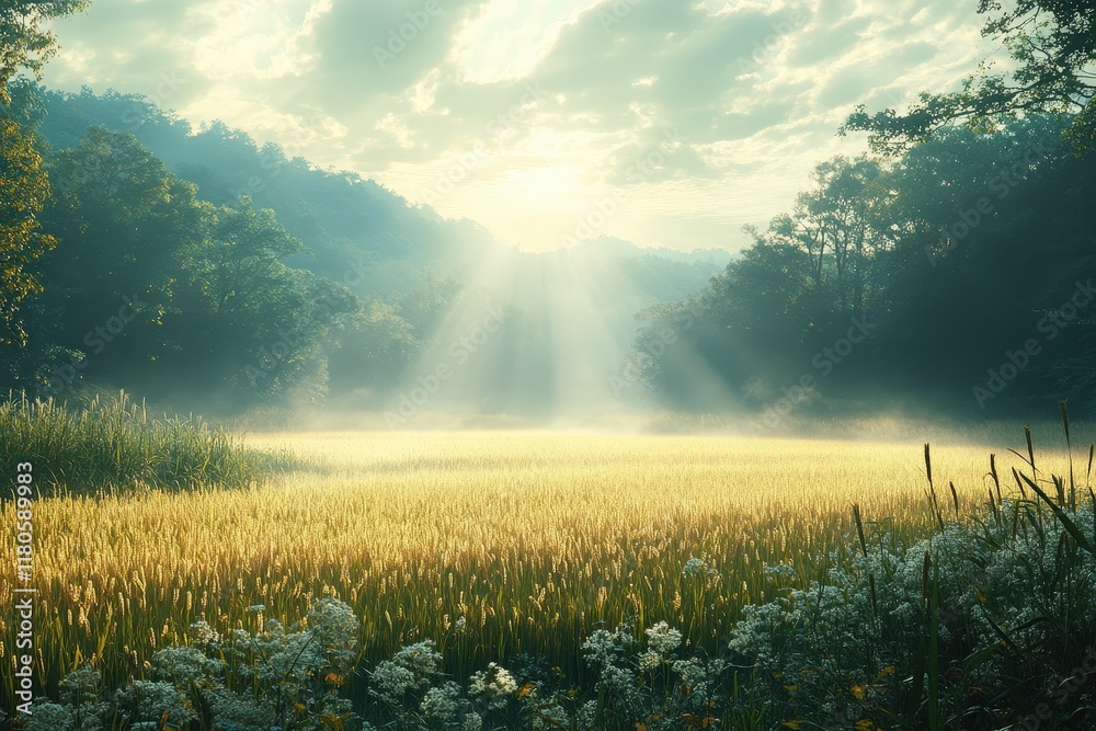 Obraz premium Golden field, misty sunrise, sunbeams, forest.