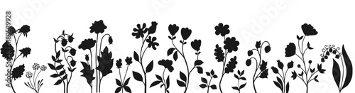 Floral border silhouette blooming flowers, herbs, rustic berries. Horizontal banner hand drawn shape branch summer folk wildflowers isolated on white background. Rural abstract backdrop vector design
