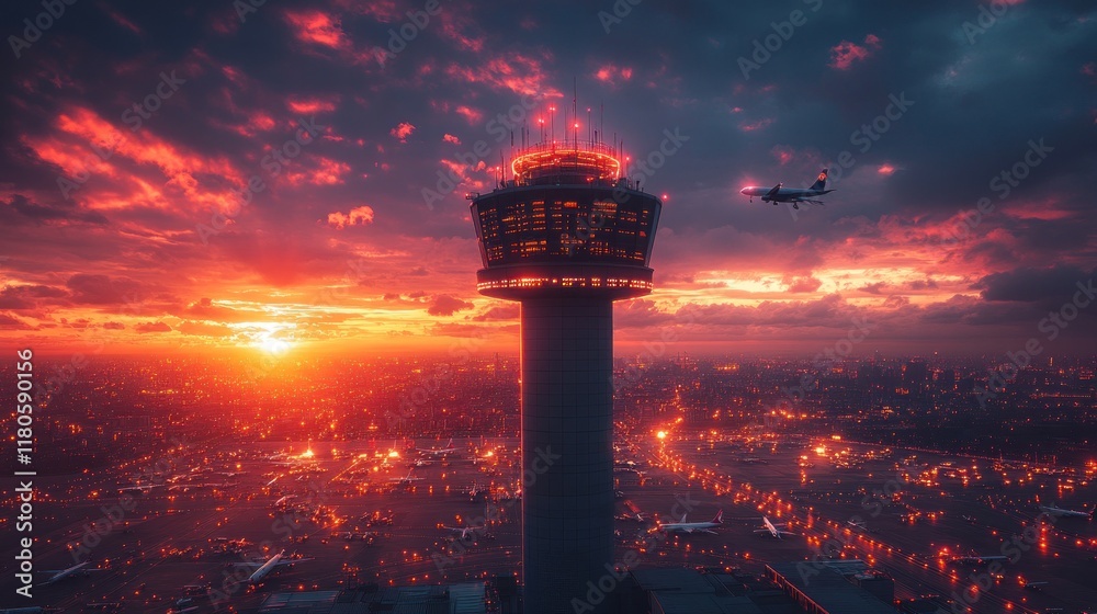 Fototapeta premium Sunset view of an airport control tower with an airplane in flight.