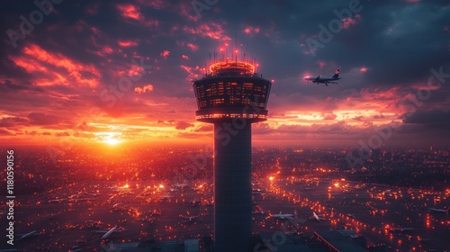 Sunset view of an airport control tower with an airplane in flight.