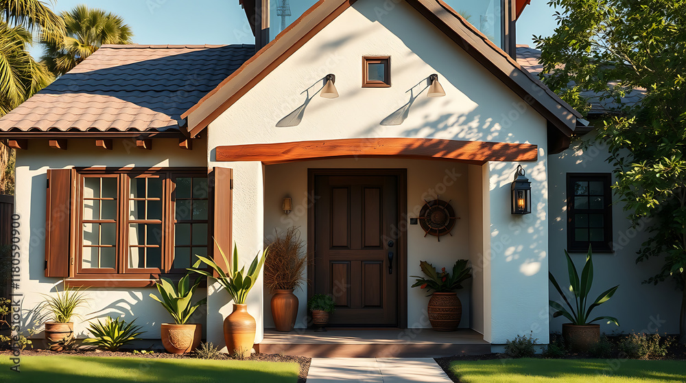 Fototapeta premium Single-Story Stucco House with Spanish Colonial Details