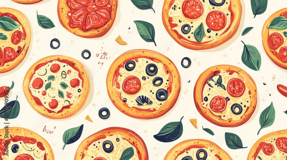 12.A festive vector design for National Pizza Day, highlighting a collection of round pizzas with different toppings in a seamless pattern. The illustration includes handwritten typography for 12.A festive vector design for National Pizza Day, highlighting a collection of round pizzas with different toppings in a seamless pattern. The illustration includes handwritten typography for