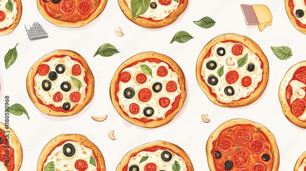 12.A festive vector design for National Pizza Day, highlighting a collection of round pizzas with different toppings in a seamless pattern. The illustration includes handwritten typography for 12.A festive vector design for National Pizza Day, highlighting a collection of round pizzas with different toppings in a seamless pattern. The illustration includes handwritten typography for