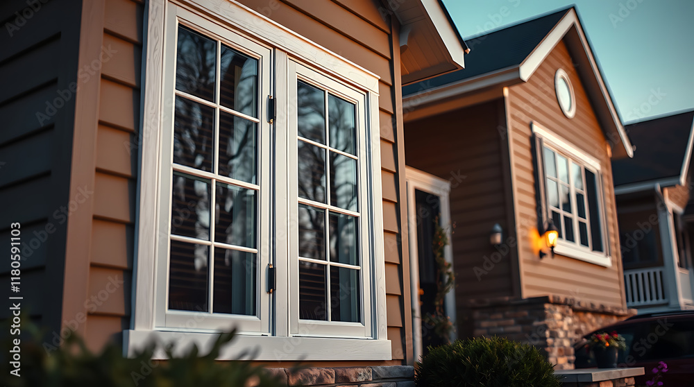 Close-up view of a double-hung window in a brown-toned house. White trim contrasts the siding. Part of a neighboring house is visible, suggesting a residential neighborhood. Close-up view of a double-hung window in a brown-toned house. White trim contrasts the siding. Part of a neighboring house is visible, suggesting a residential neighborhood.