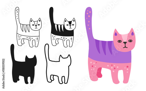 Cat symbol cartoon set. Abstract hand drawn kitten linear icon. Stylized cute pet animal emblem childish collection. Simple sign doodle or silhouette funny cats clipart. Vector isolated illustration