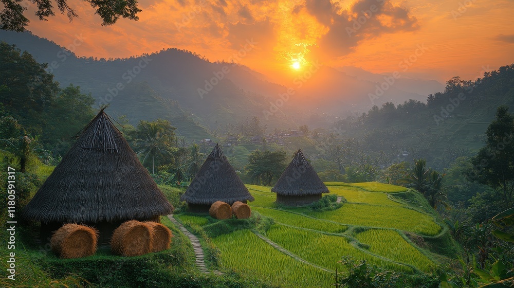 Naklejka premium Sunset, rice terraces, three thatched huts.
