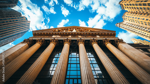 Financial District Majesty:  A low-angle shot captures the imposing grandeur of a classical-style bank building, its towering columns reaching towards a vibrant blue sky.