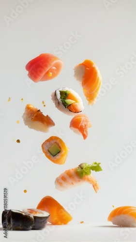 Capture a stunning real-life image of floating sushi on a pristine white background, showcasing the vibrant colors and intricate details of each piece, creating an eye-catching and serene visual.