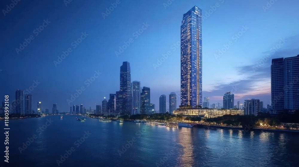 A skyline at dusk featuring a tall modern building beside a river. A skyline at dusk featuring a tall modern building beside a river.
