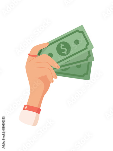 Hand holding cash bill. Gesture of money transfer. Payment concept, flat graphic style, ideal for financial business usage. Capture of cash in palm highlights transaction importance.