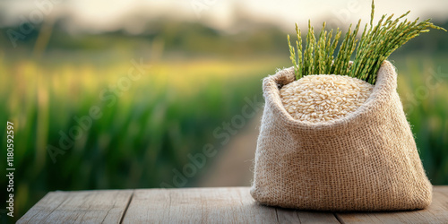 sack of rice on wooden table with green rice plants in background, showcasing natural beauty of agriculture and harvest