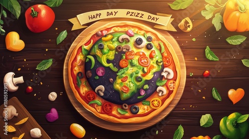 46.A vibrant vector poster for World Food Day, featuring a pizza styled as the planet Earth with continents crafted from colorful toppings like bell peppers, olives, and mushrooms. The pizza is set photo