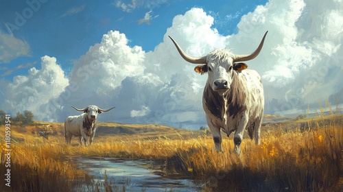 Texas Longhorn Cattle in a Serene Landscape photo