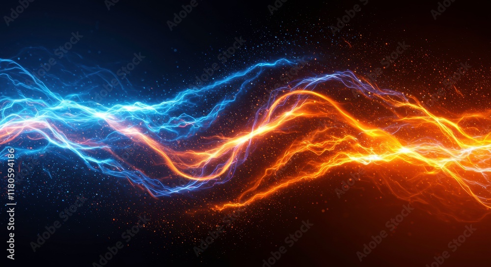 Fototapeta premium Clash of Elements: A mesmerizing abstract design depicting a fiery orange energy stream colliding with a icy blue counterpart.