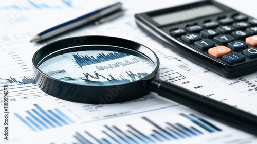 Wallpaper Mural Magnifying the Details: A close-up shot of a magnifying glass focused on financial data, a calculator, and a pen resting on a desk, suggesting meticulous analysis and financial planning.  Torontodigital.ca