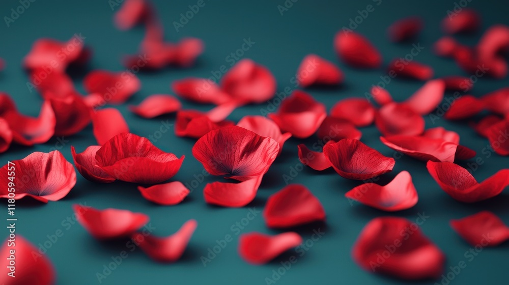 Delicate red rose petals spread across teal surface floral composition soft lighting aesthetic focus Delicate red rose petals spread across teal surface floral composition soft lighting aesthetic focus