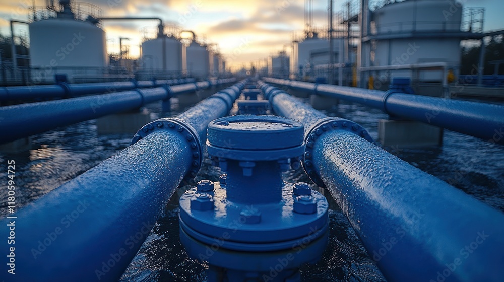 Blue industrial pipes leading to storage tanks at sunset. Blue industrial pipes leading to storage tanks at sunset.