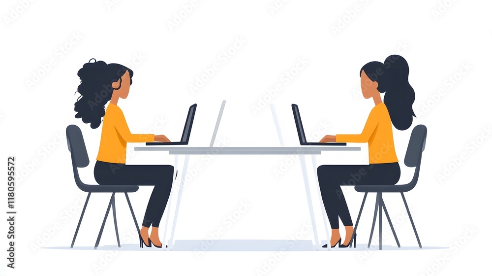 Two women working on laptops at a shared desk.