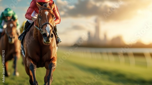 Exciting horse racing event at sunset urban racecourse sports action vibrant environment dynamic viewpoint