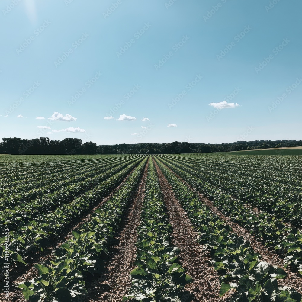 Lush Green Agricultural Field with Rows of Cultivated Plants Under a Bright Blue Sky and Fluffy White Clouds During Daytime in Rural Landscape Lush Green Agricultural Field with Rows of Cultivated Plants Under a Bright Blue Sky and Fluffy White Clouds During Daytime in Rural Landscape
