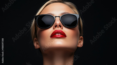 Stylish woman with sunglasses and bold red lips, exuding confidence and elegance. dark background enhances her striking features and fashion statement