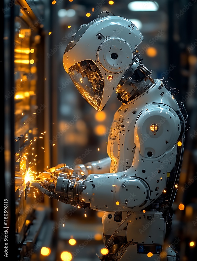 Fototapeta premium Robotic welder sparks fly in factory.