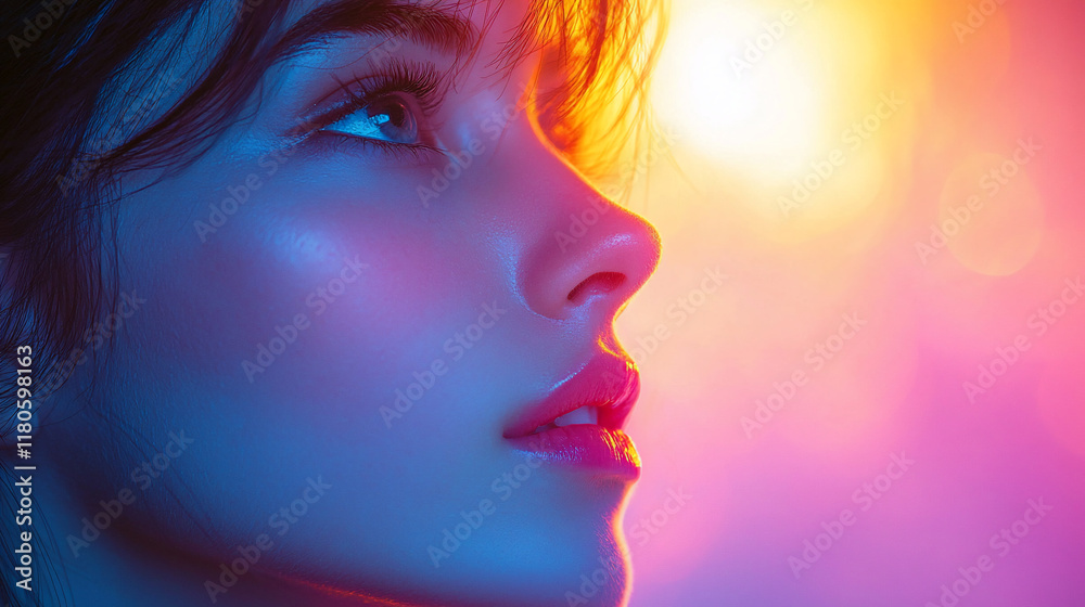 Woman's face, profile view, colorful lighting. Woman's face, profile view, colorful lighting.