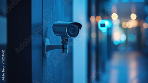 Close up of modern security camera mounted on wall, providing surveillance in well lit corridor. blue tones create calm yet secure atmosphere photo