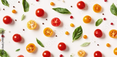 Wallpaper Mural Vibrant Assortment of Cherry Tomatoes and Fresh Basil Leaves Arranged on White Surface for Culinary and Food Photography Use Torontodigital.ca