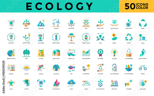 Ecology icon set with tshirt, go green, mountains, windmill, gas energy, pole, plant a tree, save the earth, green earth, leaves icon. Simple flat color vector 
