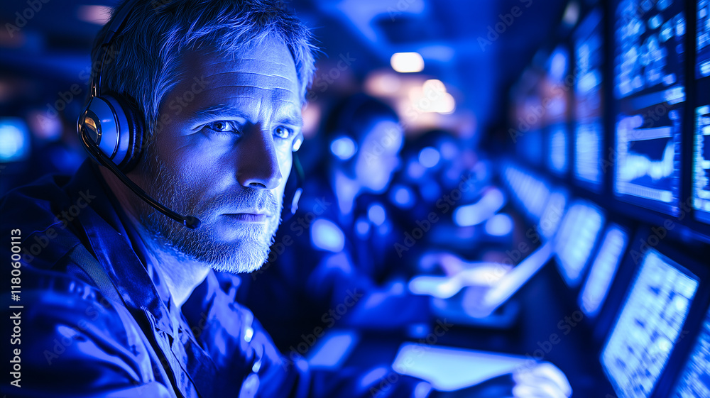 Focused Control Room Operator: A serious man wearing a headset intently monitors screens in a dimly lit control room, surrounded by other operators. Focused Control Room Operator: A serious man wearing a headset intently monitors screens in a dimly lit control room, surrounded by other operators.