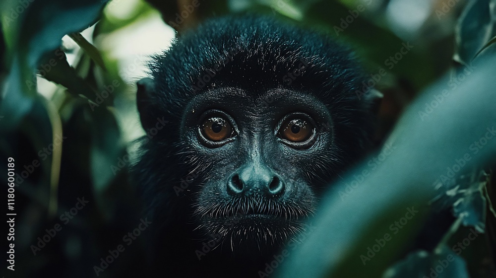 Obraz premium Curious monkey peering from leaves, jungle background, wildlife portrait