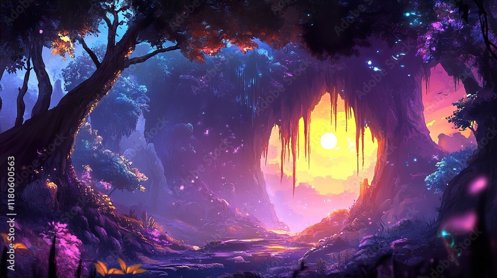 Fototapeta premium Magical Sunset Landscape: Fantasy Forest Cave Scene
