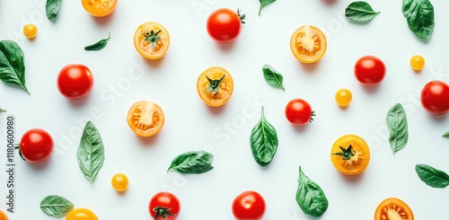 Wallpaper Mural Vibrant Composition of Fresh Red and Yellow Tomatoes with Green Basil Leaves on a Light Background Capturing the Essence of Healthy Eating and Culinary Delights Torontodigital.ca
