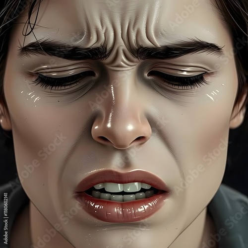 A detailed illustration of a human face with a dramatic emotional expression, characterized by a pale complexion, a closed mouth with eyes shut as if crying or experiencing intense emotion. photo