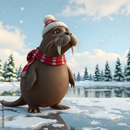 An animated depiction of a cartoon walrus in winter holiday attire, standing on an ice-covered pond under a snowy sky with Christmas trees in the background.