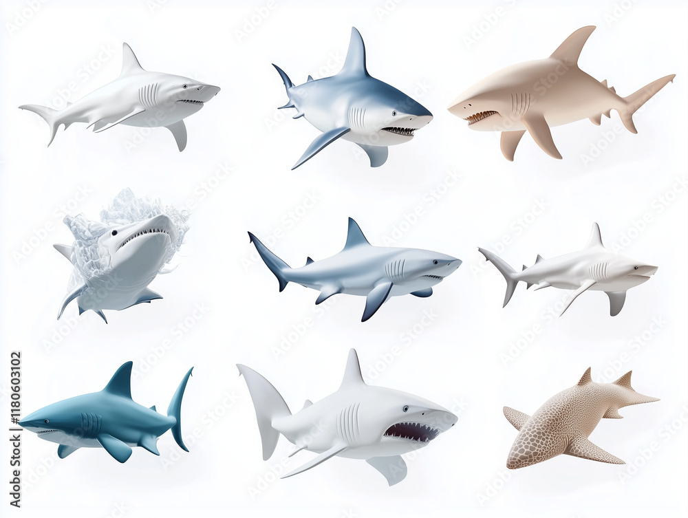 Fototapeta premium 9 icônes de requins en 3D sur fond blanc