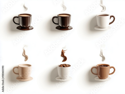 6 icônes de tasses de chocolat chaud en 3D sur fond blanc photo