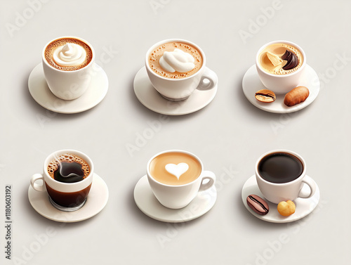 6 icônes de tasses à café en 3D sur fond blanc photo