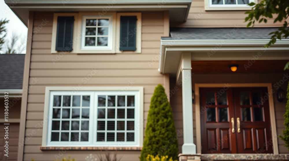 Fototapeta premium Tan-sided house with white-framed windows, dark brown double doors, and a covered entryway. Landscaping includes small evergreen trees.