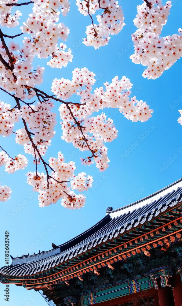 White cherry blossoms and the eaves of ancient temples White cherry blossoms and the eaves of ancient temples